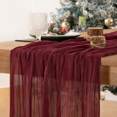 Image of MLMC 8 Pack Burgundy Cheesecloth Table Runner Boho Rustic Gauze Wine Red Cheese Cloth Table Runner Cheese Cloth Centerpiece Decor 35x120 Inches for Wedding Reception Anniversary Home Decor