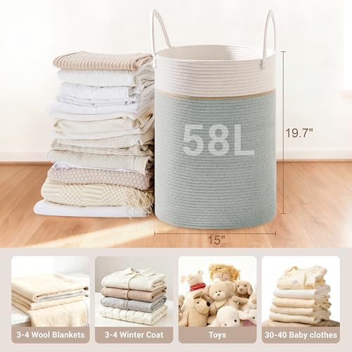 Image of 58L Tall Cotton Rope Laundry Basket with Handles, Sage Green