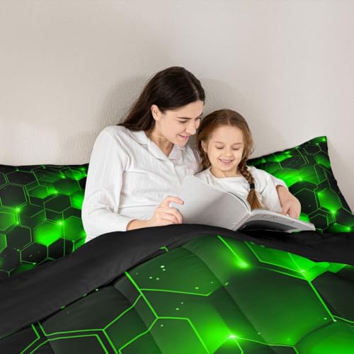 Image of Feelyou Geometrics Honeycomb Bedding Set Kids Toddler King, Beehive Geometric Comforter Set Honeycomb with Green Yellow Neon Lights Comforter Hexagonal Duvet Set Durable Quilt Set King Size