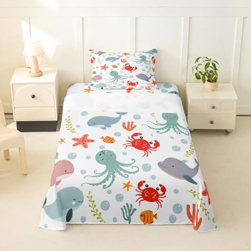Image of jejeloiu Dolphin Bed Sheets Sets Twin Size Kids Boys Girls Jellyfish Crab Starfish Bedding Set Ocean Bed Sheet Set with 16-Inch Deep Pockets 3Pcs with 1 Pillow Cases