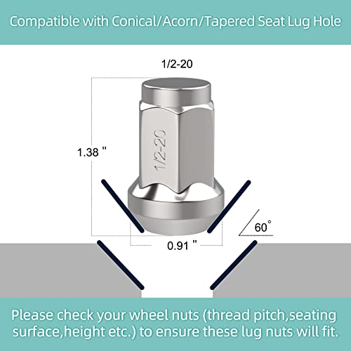 Ledkingdomus Lug Nut 1/2 X 20 Chrome, 20Pcs Bulge Acorn Wheel Lug Nuts 1.38" Tall 3/4" Hex - Compatible With Ford Mustang Explorer Dodge Ram 1500 Nitro Cherokee Wrangler Grand Cherokee Liberty #TOP2