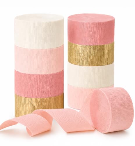 Image of Pink Gold Crepe Paper Streamers for Wedding Decorations,8 Rolls Crepe Paper Streamers for Girls Birthday Baby Shower, Bridal Party Decorations