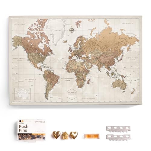 Canvas World Map with Cork Pin Board - English Lettering - Decorative Wall Decoration for All Rooms...