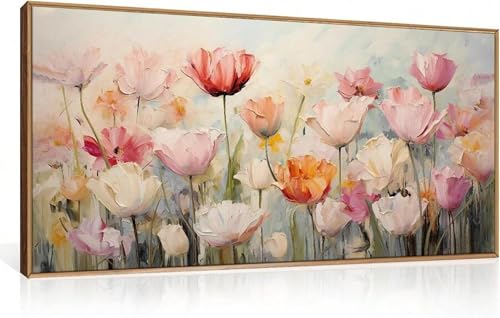 Peinture sur toile floral rose pour salon | Grand tableau moderne 50x100cm déco murale
