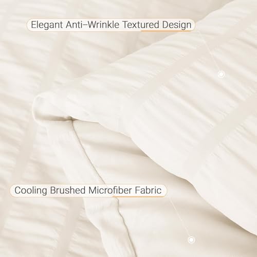 Image of MUXHOMO 7 Pieces King Comforter Set, Seersucker Bed in a Bag King Size, All Season Luxury Bedding Set with Comforter, Flat Sheet, Fitted Sheet, Pillowcases & Shams, Ivory