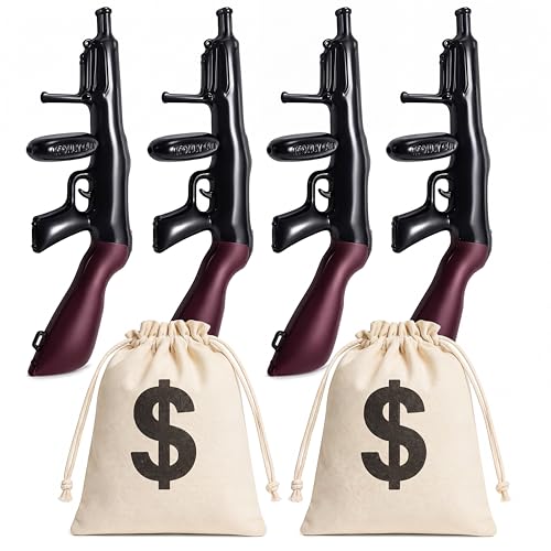 Zhanmai 6 Pcs Inflatable Gun Props Canvas Money Bag Pouch with Drawstring Closure and Dollar Sign Design for Toy Party Favors, 1920s Mafia Pirate Bar Birthday Cosplay Theme Party