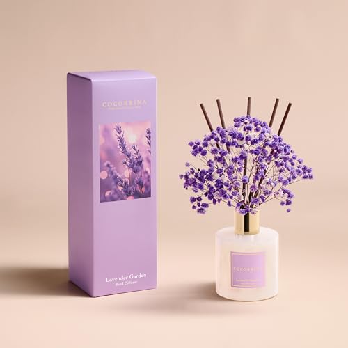 Image of COCORRINA Reed Diffuser - Lavender Garden 6.7 Fl.oz Reed Diffuser Set with Sticks & Preserved Baby's Breath, Reed Diffuser for Home Bathroom Shelf Decor