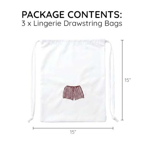 Image of Lingerie Drawstring Bags Set of 3, 15x15 inch, 100% Pure Cotton, Red Embroidery Pattern Pouch for Underwear, Swimwear, Travel Storage, Washable Beach Bags for Men (White)