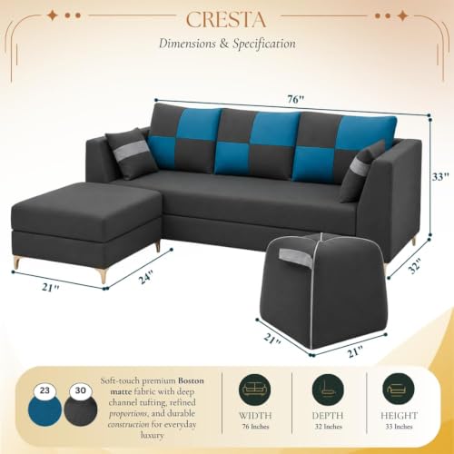 Image of FURNY Signature Cresta 5-Seater L-Shape Sofa Set with Movable Ottoman & Suri Pouf | Flexible LHS /RHS Layout | Boston Fabric | 40D Foam + Zigzag Spring | 3-Yr Warranty (Ash Grey-Aqua Blue)