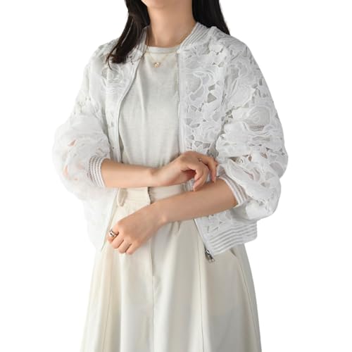 [MafLu.] レース ブルゾン レディース 秋 シアー ジャケット 薄手 軽量 メッシュ 花柄 刺繍 長袖 きれいめ 上品 アウター 春 夏 ホワイト 白 フリーサイズのサムネイル
