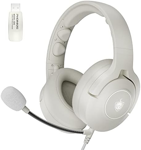 Gaming Headset, 2.4GHz Wireless Headset for PC PS5 Nintendo Switch Xbox One, with Noise Cancelling Detachable Mic, LED Light, 3.5mm Wired Gaming Headset(White)