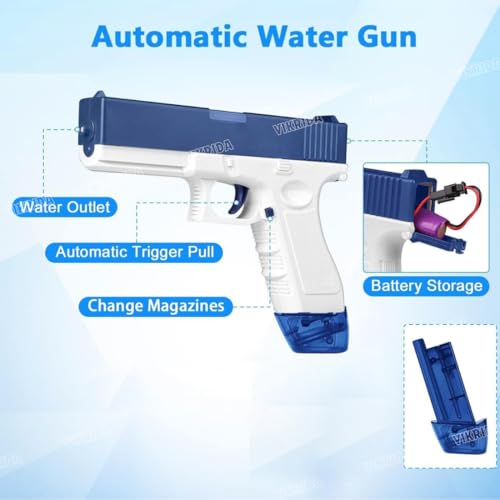 Image of VikriDA High-Pressure Electric Water Blaster Gun with Free Extra Rechartgeable Battery | Automatic Holi Pichkari with 58 CC Tank & 25-32 Feet Range - Powerful Squirt Gun for Kids (Blue)
