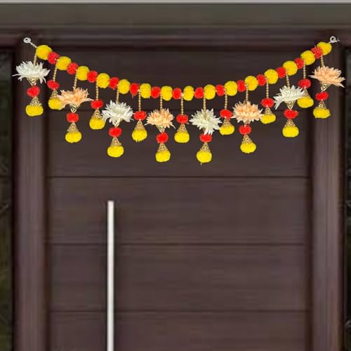 Image of iHandikart Handmade (40 Inch) Decorative Bandanwar with Marigold, Artificial Flowers, Golden Bells & Beads Traditional Door Bandanwar for Makar Sankranti, Lohri, Home Decor & Housewarming (B0066)