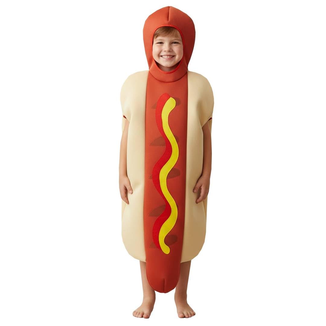 LOVETRENDS Kids Hot Dog Costume – All In One Foam Sausage And Bun Fancy Dress Outfit With Face Hole – Funny Fast Food Halloween Costume For Boys And Girls Party Outfit