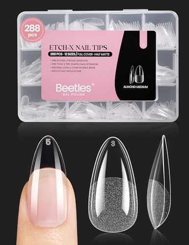Beetles Gel Nail Tips Medium Almond Etch X, 12 Sizes 288 PCS Half Matte Full Cover Press on  Nail Tips Clear Acrylic Nails Extension Glue on Nails DIY Gift for Women