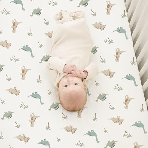 Image of Konssy Muslin Crib Sheets for Boys, Soft Cotton Neutral Baby Sheets for Standard Crib Mattress 2 Pack, 52 inchx28 inch (Dino Jungle,Sage Dino)