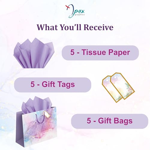 Image of Apex Graphics Large Gift Bags - Purple Paper Bags for Gifting with Tissue and Tag - Carry Bags for Return Gift Birthday Wedding Party - 14 x 10.5 x 4 Inch - Pack of 5