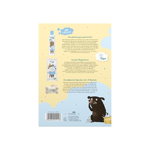 Glückstier Duo Geschenkset | Mit Glückstier Hundeshampoo parfümfrei (250ml) | Hundepflegetücher (60 STK.) | Hundebeutel-Spender (inkl. 15 Beutel) | ohne Parfüm | für Welpen & Sensible Hundenasen
