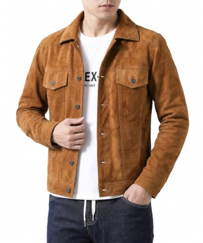 Image of Premium Brown Suede Trucker Leather Jacket Mens | Shirt Collar, Button Front, Chest Flap Pockets, Cuff Buttons, Waist Tab Adjusters, Polyester Lined, Inside Pocket