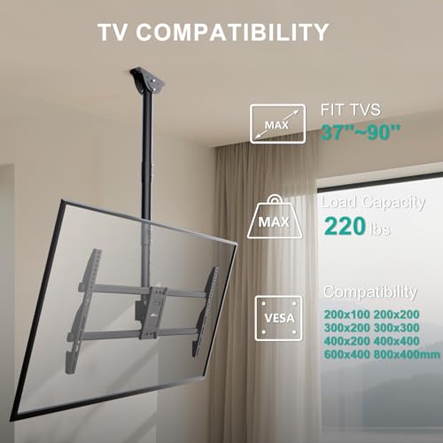 Image of WALI Ceiling TV Mount for 37-90 inch, Hanging Adjustable Ceiling Mount TV Bracket Fits Most LED, LCD, OLED 4K TVs, Holds up to 220lbs, Max VESA 800x400mm (CM3790), Black