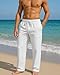 BUXKR Men's Linen Pants Beach Casual Cotton Summer Lightweight Elastic Waist Drawstring with Deep Pockets White