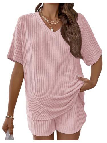 Image of MakeMeChic Women's Maternity 2 Piece Outfits Summer Short Sleeve Rib Knit Tee Top and Short Lounge Sets Clothes