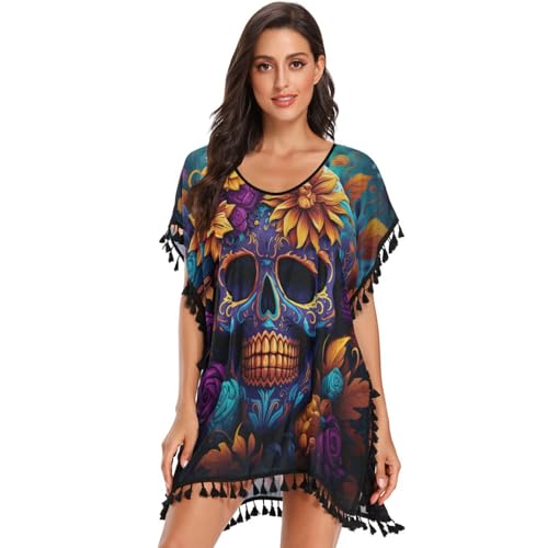 Purple Skulls Art Sunflower Women's Beach Cover Up Chiffon Tassel Swimwear Swimsuit Coverups for Girl