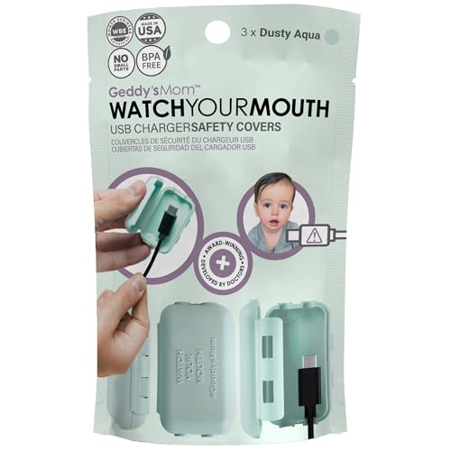 Image of Geddy's Mom Baby Proof USB Charger Safety Cover (Dusty Aqua, 3-Pack) | Baby safety for cord ends. Simple award-winning Babyproofing. Made in the USA.
