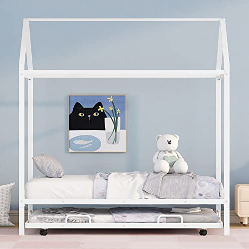 Twin House Bed With Trundle, Kids Montessori Beds Metal 4 Poster Canopy Bed Frame For Girls Boys Teens, No Spring Box Needed, Twin Size， White #TOP1
