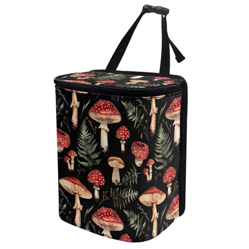 Image of Car Accessories Back Seat Multipurpose Car Trash Can with Lid, Leak Proof Waterproof Hanging Car Garbage Can for Road Trip Travel, Mushroom Print