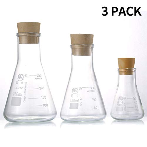 Young4us Glass Erlenmeyer Flask Set, (250 ml, 150 ml & 50 ml) Graduated