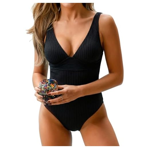 CUPSHE Damen Badeanzug Tief Ausgeschnitten Breite Träger Gerafft Beinausschnitt Verstellbare Träger Figurformend Schwarz Größe M