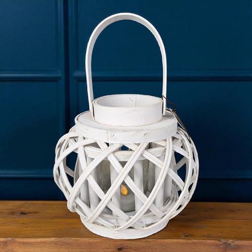 Laterne aus Holz und Rattan 18/31cm hoch, weiß, Glas Windlicht Boho...