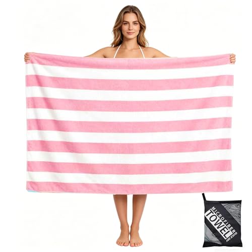 Large Quick Dry Microfibre Beach Towels for Adults,160X90cm Double Sides Pink Stripe Bath Towel Travel Towels with Pockets,Lightweight Beach Towel for Women Men Sun Lounger Travel Swim Holiday Sport