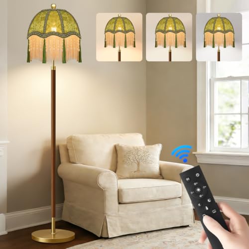 Image of Wood Floor Lamps for Living Room Vintage Floor Lamp with Remote Control & 3 Color Temperature,Dimmable Floor Lamp Mid Century Modern Standing Lamp Green Fringe Tall Floor Lamp for Bedroom Corner
