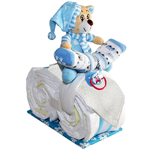 Kleines Windelmotorrad Schlafbärchen Boy in blau. Geschenk zur Geburt Taufe Windeltorte für Jungen (Blau-Beige) Cover