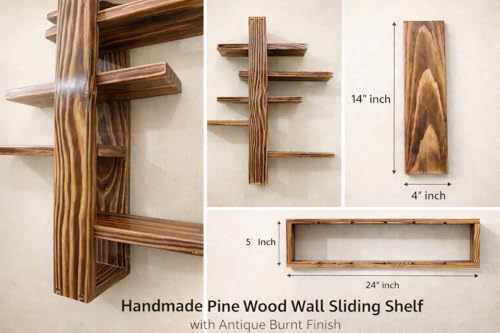 Image of Modern Wall Mounted Wooden Shelf with 5 Adjustable Sliding Shelves | Handcrafted Pine Wood Display Shelf for Living Room, Bedroom & Home Decor