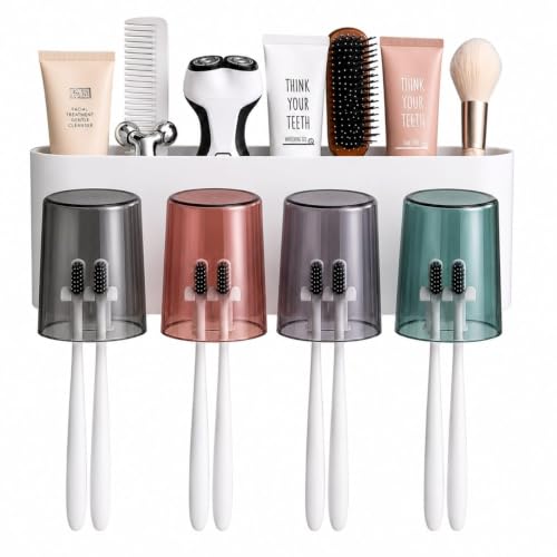 Image of Wall Mounted Tooth Brush Holder for Bathroom with 4 Mouthwash Cups | Bathroom Toothbrush Organizer | Multi-Compartment, Dustproof & BPA-Free Brush Holder for Bathroom Storage (4 Cups)
