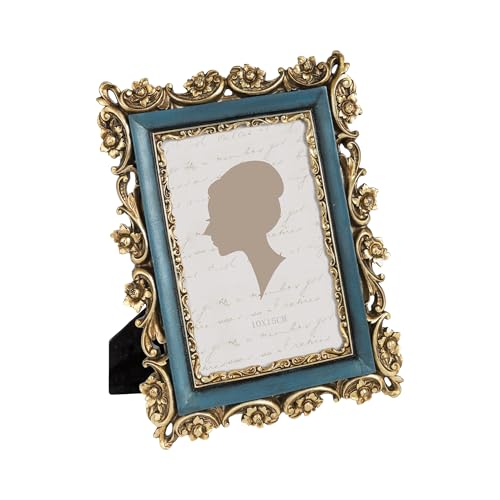 Sunlit Vintage Picture Frame 4x6 Inch, Luxury Antique Photo Frames with Glass Front, Retro Blue and Gold