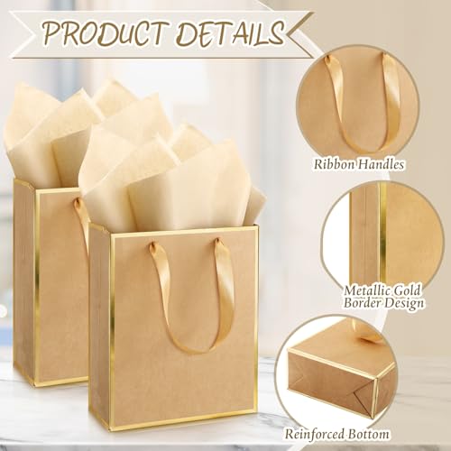 Image of Yeaqee 24 Pack Metallic Paper Gift Bag with Tissue, Kraft, Gold | with Satin Ribbon Handle and Tissue, 9x7x3.1 Inch, Suit Business, Birthday, Christmas, Thank You Return Gifts Bags