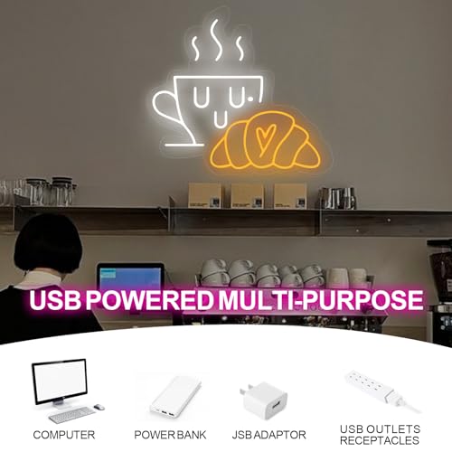 Image of Coffee & Croissant LED Neon Sign,Bakery Shop Bakery Decoration Neon Light coffee Cup Home Bar Wall Decor Croissant Lover Gift For Family Party Bedroom Restaurant Bar Birthday