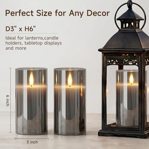 Image of Homemory Grey Glass Flameless Candles Battery Operated LED Pillar Candles with Remote and Timer, Real Wax Flickering Candles with 3D Wick for Home Wedding Holiday Decor, Set of 2, 3 inchx6 inch