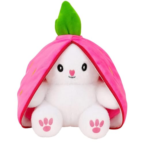 Image of Reversible Bunny Rabbit Soft Toy - 30cm with Strawberry Cover | Stuffed Animal Plushie Doll for Kids Baby Girls Boys for Birthday, Valentine, Return Gift | Pink&White Toy with Chain