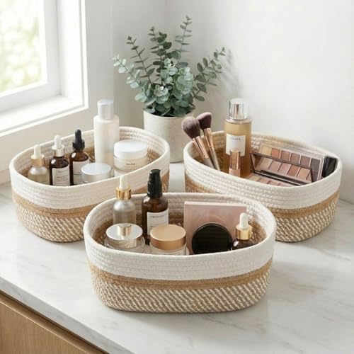 Image of 100% Natural Jute small box mini rope paper storage Round hamper baby nursery tray bucket for Living Kitchen, Office, Drawing Room,fruits, kitchen, office, Set of 3 (white beige 3 set)