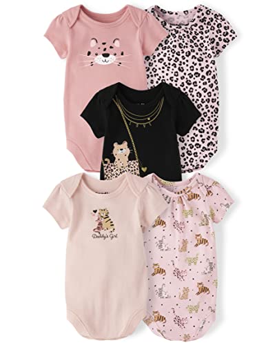 The Children's Place Baby Girls' Short Sleeve 100% Cotton Bodysuits, Leopard 5-Pack, 3-6 Months #TOP11