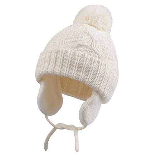 YOVONA Infant Baby Boys Girls Winter Hat with Earflaps Toddler Kids Pompom Knit Beanie Cap with Warm Fleece Lining for 0-3T (White,S(0-6M))