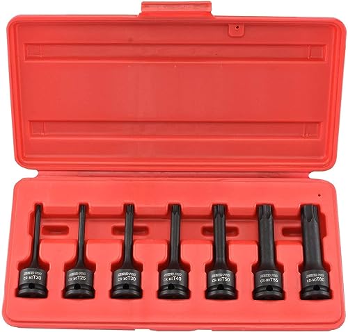 NEIKO 10281B Impact Torx Bit Socket Set, 1/4″, 3/8″, and 1/2″ Drive, 6 Point Star Sockets, Heavy Duty Impact Grade Cr-Mo, T10 to T60 High Impact, Professional Grade Auto & Motorcycle Mechanic Socket Set