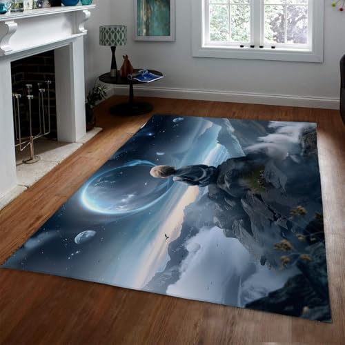 Tapis 180x270cm bleu espace planètes carpette lavable salon