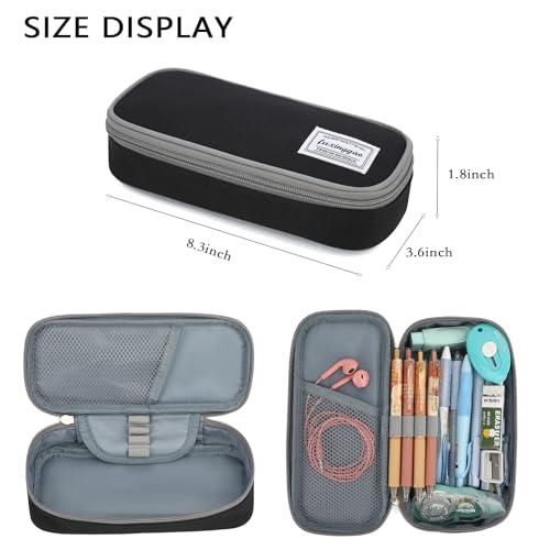 Image of FUXINGYAO Pencil Case, Multi-compartment Pencil Pouch, Portable Pencil Bag (Black with Gray)