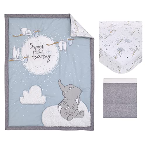 Image of NoJo Disney Dumbo Sweet Little Baby Light Blue, Gray, and White Storks, Stars, Clouds and Moon 3 Piece Nursery Crib Bedding Set - Comforter, 100% Cotton Fitted Crib Sheet and Crib Skirt